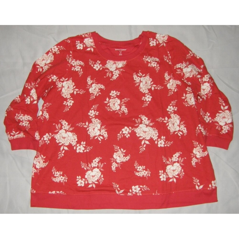WOMAN WITHIN Bright Red Floral Plus Sz 30/32 Lightweight Comfy Sweatshirt NEW